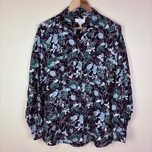 Charter Club Luxury 100% Linen Blue Green Floral Button Down Shirt